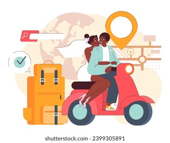 Honeymoon concept. Newlywed couple embarks on their romantic journey, riding a scooter against a global backdrop. Destination marked. Celebrating love. Flat vector illustration.