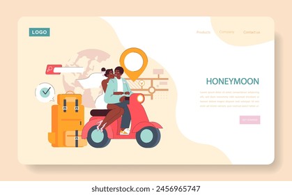 Honeymoon concept. Newlywed couple embarks on their romantic journey, riding a scooter against a global backdrop. Destination marked. Celebrating love. Flat vector illustration.