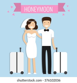 Honeymoon concept. Wedding couple travel abroad with suitcase. Vector illustration in flat style.