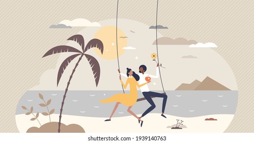 Honeymoon as couple date in romantic and happy holiday vacation tiny person. Love and affection while traveling around paradise island vector illustration. Romance relationship journey after wedding.