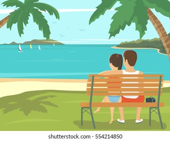 Honeymoon couple outdoors in the beach sitting on the bench and looking to the sea or ocean. Flat romantic illustration of young people vacation time spending in the sea side in summer season