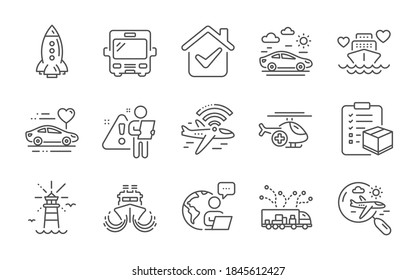 Honeymoon cruise, Search flight and Lighthouse line icons set. Ship, Medical helicopter and Parcel checklist signs. Rocket, Car travel and Airplane wifi symbols. Line icons set. Vector