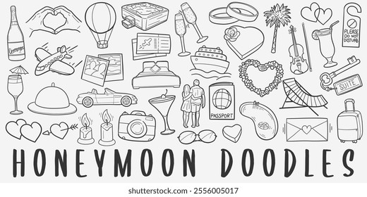 Honeymoon doodle icon set. Just Married Vector illustration collection. Vacations Banner Hand drawn Line art style.