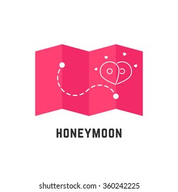 honeymoon icon with pink map pin. concept of enamored, bridal plan, event, happiness, trip, ceremony, honeymoon period. isolated on white background. flat style modern logo design vector illustration