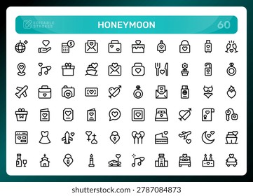 Honeymoon icon set. Editable line icons. Professional and modern outline icon collection vector illustration featuring symbolic keys to the heart and padlock security graphics in a clean design.