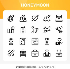Honeymoon icon set. Editable line icons. Professional and modern outline icon collection vector illustration including festive party balloons and anniversary celebration graphics in a simple design.