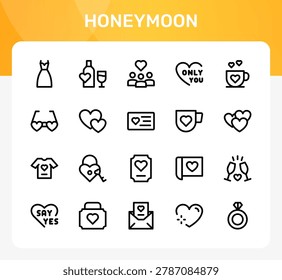 Honeymoon icon set. Editable line icons. Professional and modern outline icon pack vector illustration containing thoughtful love letters and romantic greeting card symbols in a clean design.