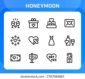 Honeymoon icon set. Editable line icons. Professional and modern outline icon collection vector illustration with cozy decorated beds and premium room service graphics in a flat design.