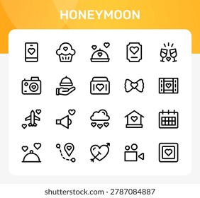 Honeymoon icon set. Editable line icons. Professional and modern outline icon pack vector illustration featuring cute couple avatars and matching lover symbols in a sleek design.