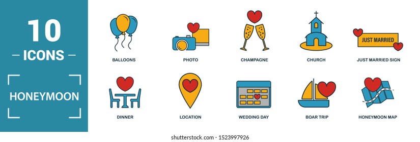 Honeymoon icon set. Include creative elements travel, just married, dinner, boar trip, cake icons. Can be used for report, presentation, diagram, web design.