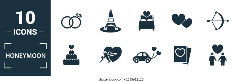 Honeymoon icon set. Include creative elements travel, just married, dinner, boar trip, cake icons. Can be used for report, presentation, diagram, web design.