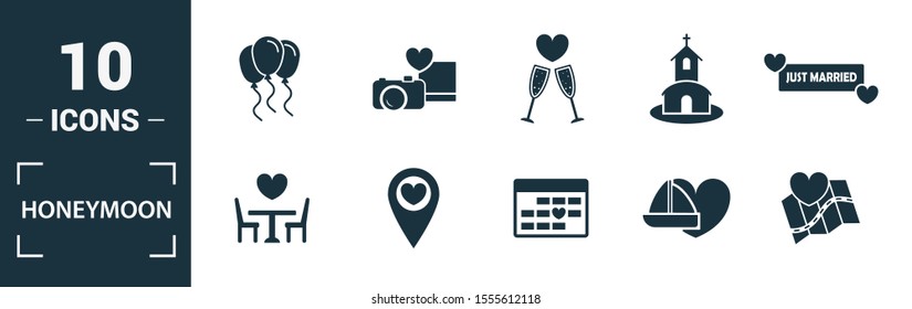 Honeymoon icon set. Include creative elements travel, just married, dinner, boar trip, cake icons. Can be used for report, presentation, diagram, web design.