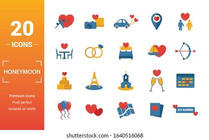 Honeymoon icon set. Include creative elements travel, just married, dinner, boar trip, cake icons. Can be used for report, presentation, diagram, web design.