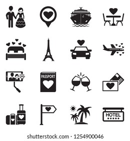 Honeymoon Icons. Black Flat Design. Vector Illustration. 