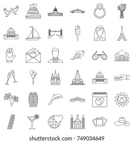 Honeymoon icons set. Outline style of 36 honeymoon vector icons for web isolated on white background