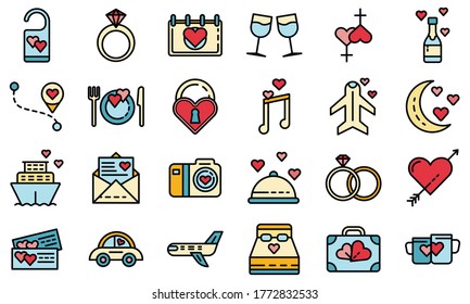 Honeymoon icons set. Outline set of honeymoon vector icons thin line color flat on white