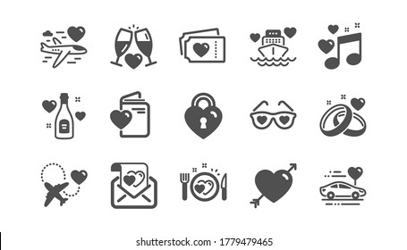 Honeymoon icons set. Wedding car, marriage rings, love. Bridal champagne, Valentine heart icons. Couple tickets, honeymoon travel, married night. Wedding music, love lock. Quality set. Vector