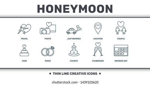 Honeymoon icons thin line set collection. Includes creative elements such as Travel, Photo, Just Married, Location, Couple, Euphile Tower and Church premium icons.