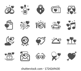 Honeymoon icons. Wedding car, marriage rings, love. Bridal champagne, Valentine heart icons. Couple tickets, honeymoon travel, married night. Wedding music, love lock. Quality design element. Vector