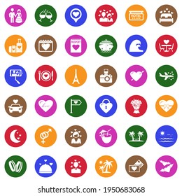 Honeymoon Icons. White Flat Collection In Circle. Vector Illustration.