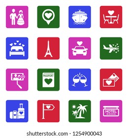 Honeymoon Icons. White Flat Design In Square. Vector Illustration. 