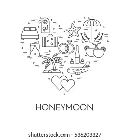 Honeymoon line banner with love and romantic date theme pictograms isolated on white background. Elements of love for greeting card in vector illustration.