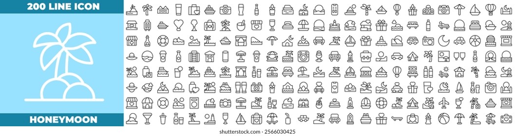 Honeymoon Line Editable Icons set. Vector illustration in modern thin line style of honeymoon icons: Wedding car, marriage rings, love. Bridal champagne, Valentine heart, etc