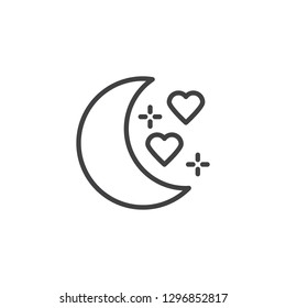 Honeymoon line icon. linear style sign for mobile concept and web design. Moon with hearts outline vector icon. Love symbol, logo illustration. Pixel perfect vector graphics
