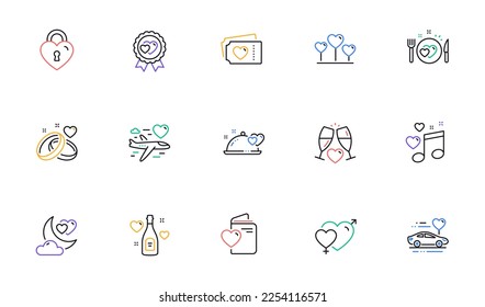 Honeymoon line icons set. Marriage rings, Wedding car, love. Bridal champagne, Valentine heart icons. Couple tickets, honeymoon travel, married night. Wedding love music. Vector