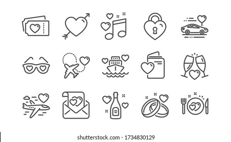 Honeymoon line icons set. Wedding car, marriage rings, love. Valentine heart, Bridal champagne icons. Couple tickets, honeymoon travel, married cruise. Wedding love music. Linear set. Vector