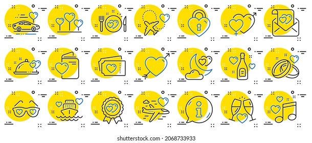 Honeymoon line icons. Wedding car, marriage rings, love. Bridal champagne, Valentine heart icons. Couple tickets, honeymoon travel, married night. Wedding music, love lock. Info center bubble. Vector