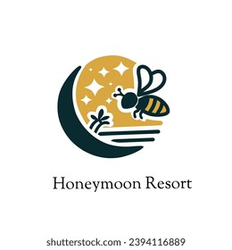 Honeymoon logo, bee element icon and also the moon which symbolizes love, honeymoon resort logo 
