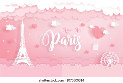 Honeymoon, love concept for travel advertising with Eiffel Tower in Paris, France, paper cut style vector illustration.