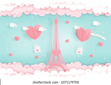 Honeymoon, love concept for travel advertising with Eiffel Tower in Paris, France, paper cut style vector 