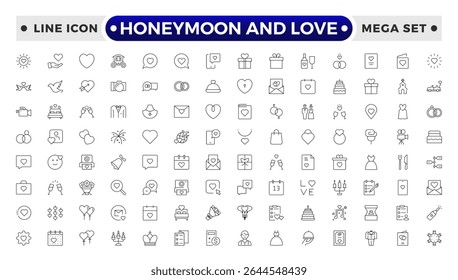 Honeymoon and Love Outline Icon Set – Romance, Weddings, Travel, and Celebrations.
