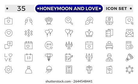 Honeymoon and Love Outline Icon Set – Romance, Weddings, Travel, and Celebrations.
