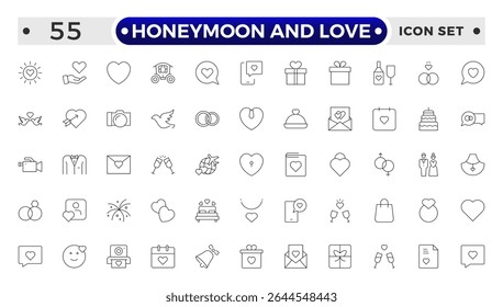 Honeymoon and Love Outline Icon Set – Romance, Weddings, Travel, and Celebrations.
