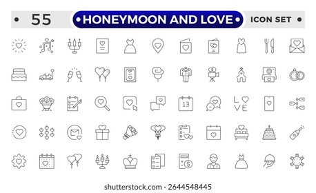 Honeymoon and Love Outline Icon Set – Romance, Weddings, Travel, and Celebrations.
