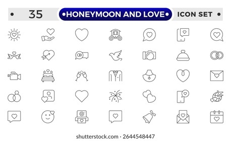 Honeymoon and Love Outline Icon Set – Romance, Weddings, Travel, and Celebrations.
