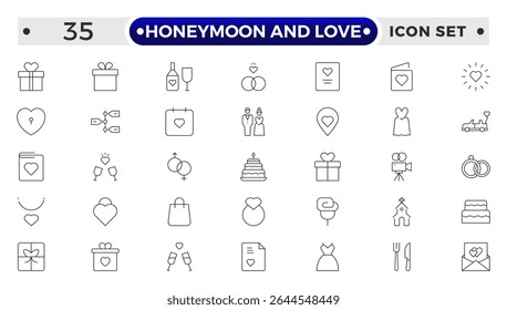 Honeymoon and Love Outline Icon Set – Romance, Weddings, Travel, and Celebrations.
