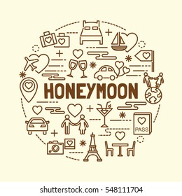 Honeymoon Minimal Thin Line Icons Set, Vector Illustration Design Elements