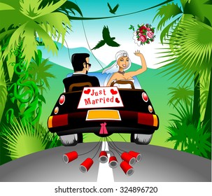 honeymoon on a black car on a beautiful forest, vector