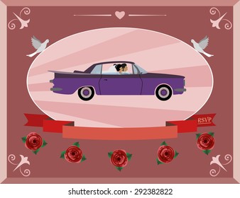 honeymoon on the retro car
Card invitation to the wedding, the young lady and gentleman traveling in the car. There is a banner for congratulations. for designers laid out in layers