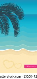honeymoon on a tropical beach with palm tree leaf and turquoise water vector illustration EPS10