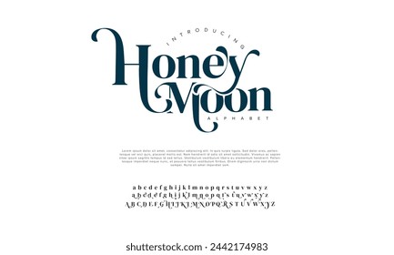 Honeymoon premium luxury elegant alphabet letters and numbers. Vintage wedding typography classic serif font decorative vintage retro. Creative vector illustration