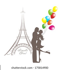 Honeymoon and Romantic Travel. Happy young lovers couple kissing in front of Eiffel Tower, Paris, France.