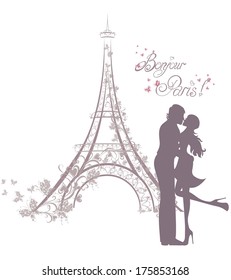 Honeymoon and Romantic Travel. Happy young lovers couple kissing in front of Eiffel Tower, Paris, France. 