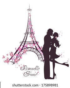 Honeymoon and Romantic Travel. Happy young lovers couple kissing in front of Eiffel Tower, Paris, France.