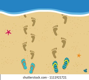 Honeymoon at the sea. Top view of loving couple footprints at sandy beach walking into the water and pair of flip flops nearby. Love vacation or holiday concept. Vector illustration.