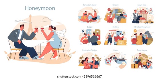 Honeymoon set. Couples celebrate, plan, budget, and embark on post-wedding travels. Love blooms in various romantic settings.